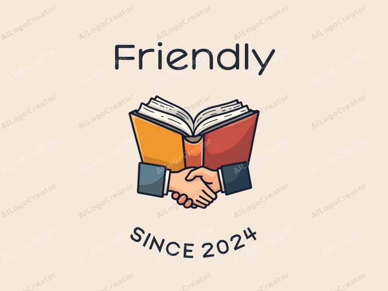 playful design features a stylized book and a handshake, combined with a clean background, emphasizing friendship and community in an educational and social context.