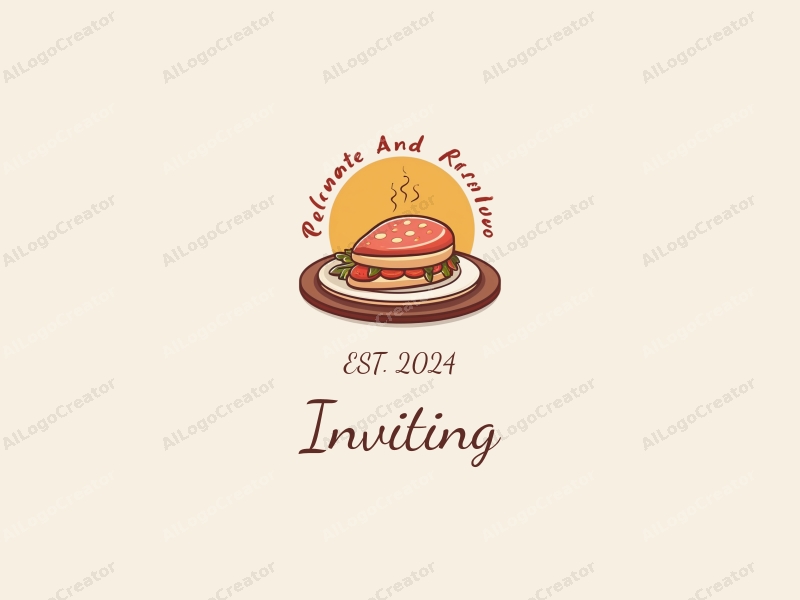 playful design features a stylized plate and a welcoming sign, combined with an inviting atmosphere and warm color palette, set against a clean background.