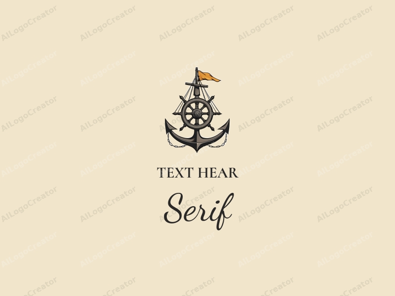 vintage design features elegant serif fonts, a stylized ship's wheel, and a sail, combined with a clean background.