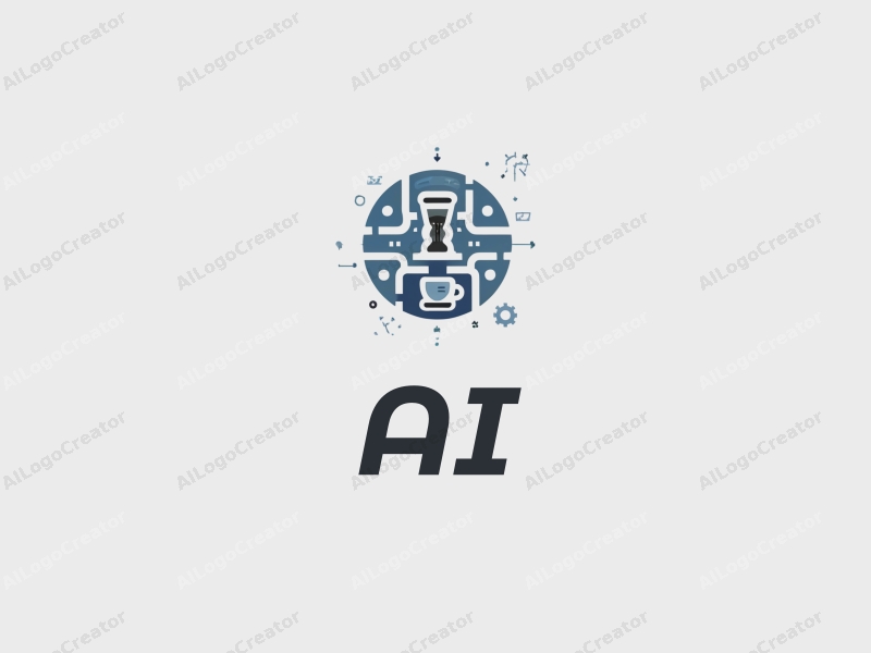 a modern minimalist design featuring abstract representations of intelligence and algorithms, combined with stylized coffee equipment, all set against a clean blue and gray background.