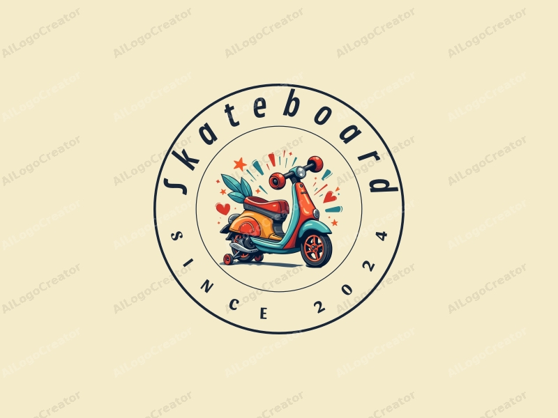 playful design features vibrant skateboards and scooters, dynamic sports elements, combined with a clean background.