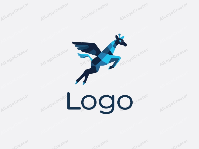 a modern design featuring a stylized flying giraffe, incorporating blue and black colors, with a clean and simple composition that emphasizes creativity and harmony.