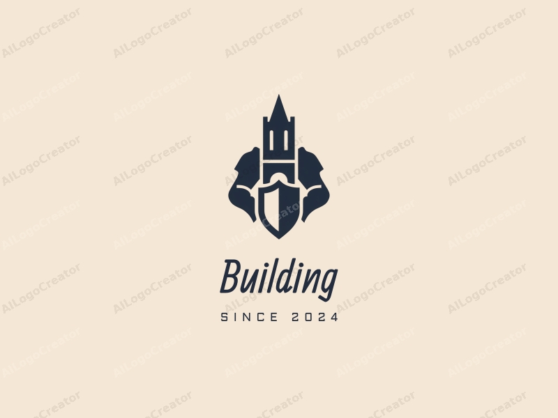 a modern design featuring a stylized building and structural elements combined with a knight and shield, utilizing a clean and simple composition.