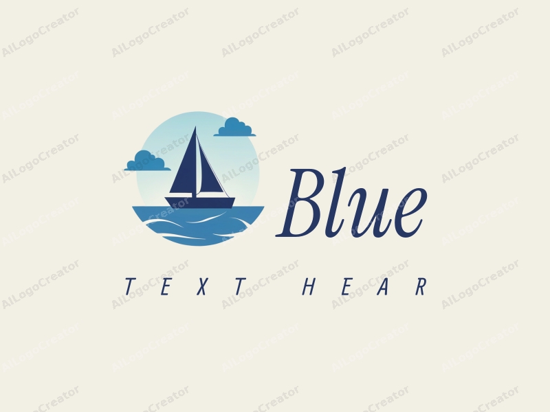 a modern minimalist design featuring a stylized sailboat on a calm ocean under a clear sky with simple clouds, using a blue and white color palette for a clean and harmonious look.