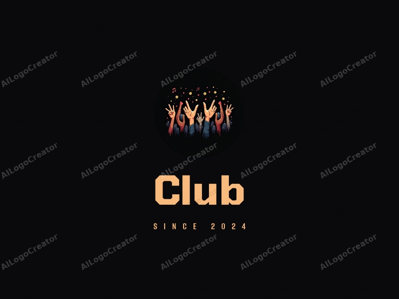 a modern design featuring a stylized club scene with social elements, incorporating musical notes and hand gestures, combined with a clean black background.