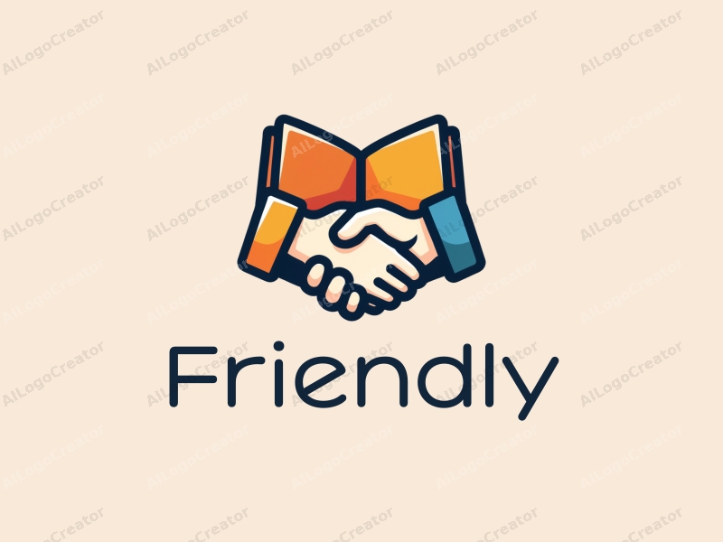 playful design features a stylized book and a handshake, combined with a clean background, emphasizing friendship and community in an educational and social context.