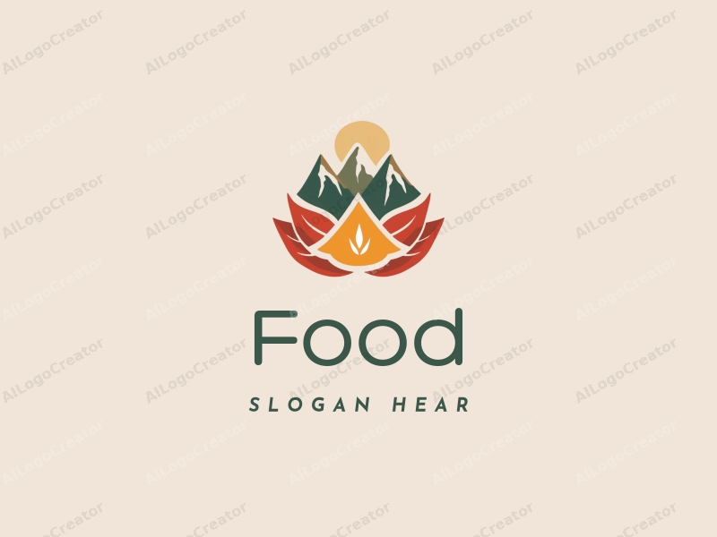 a modern design featuring vibrant food elements, stylized petals, and abstract mountain shapes, combined with a clean background for a harmonious and simple composition.