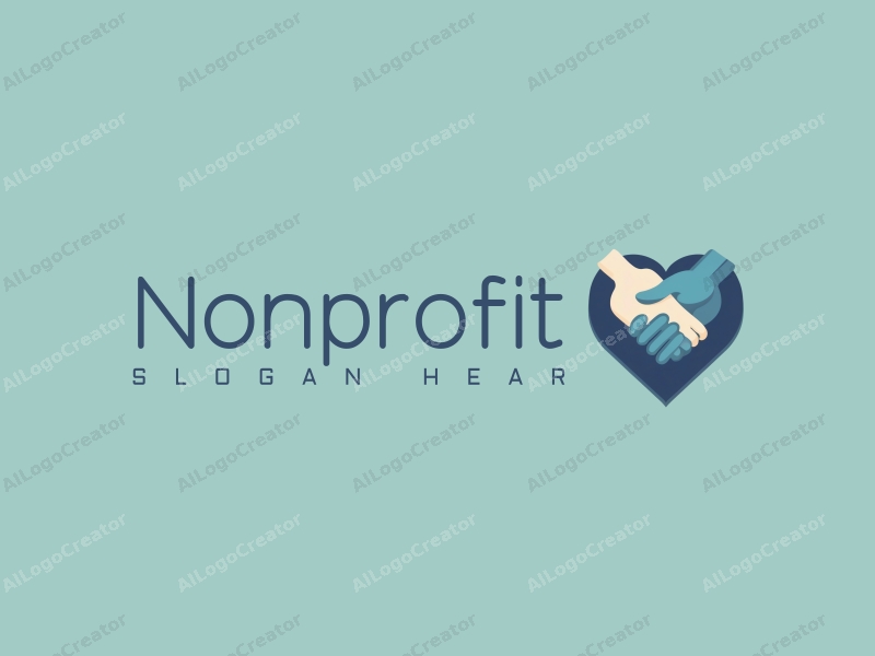 modern design features a stylized heart and handshake symbolizing charity and volunteerism, combined with a clean background in blue and green tones.