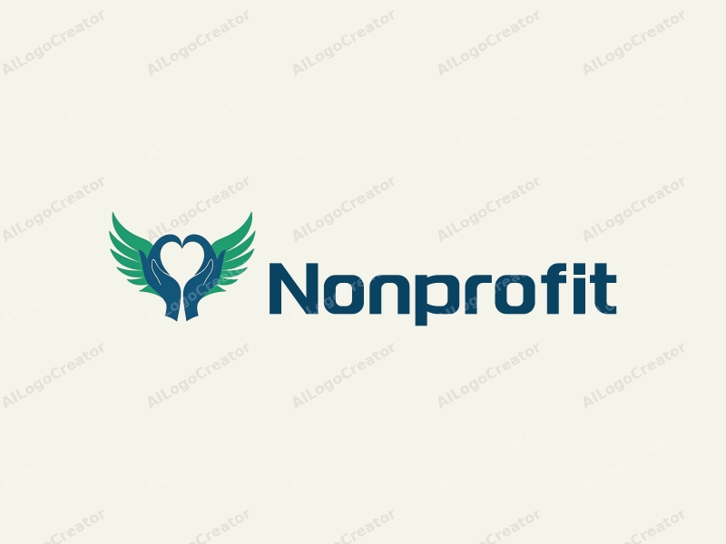 a modern design featuring a heart with wings, symbolizing charity and volunteerism, in blue and green colors, combined with a clean and simple background.