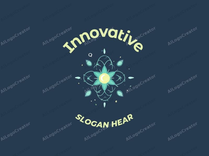 a modern minimalist design featuring abstract representations of innovation and the future, incorporating digital and cosmic elements, with a harmonious blend of blue and green colors against a clean background.