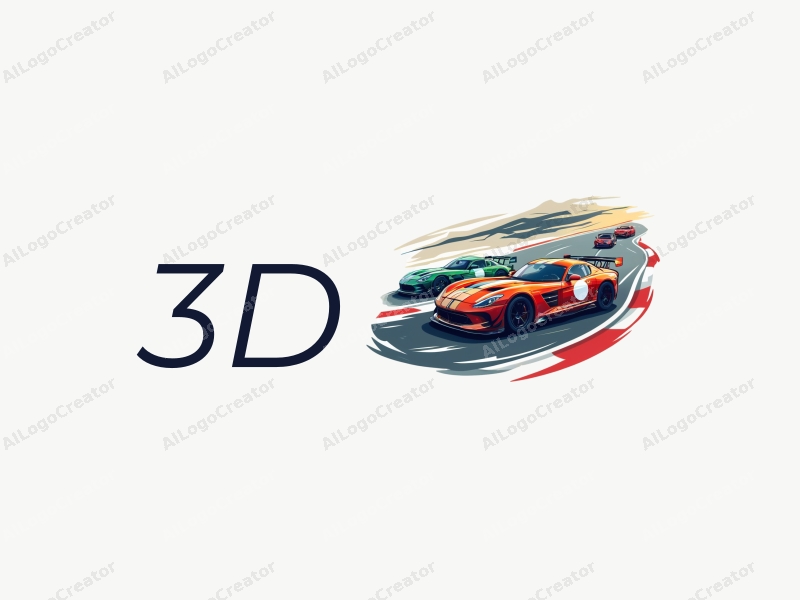 a modern design featuring vibrant colors, 3D dynamic elements of racing cars and a stylized racetrack, combined with a clean background.