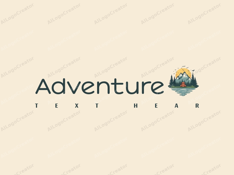 playful design features stylized mountains, a whimsical backpack, and elements of adventure and exploration combined with a clean background.