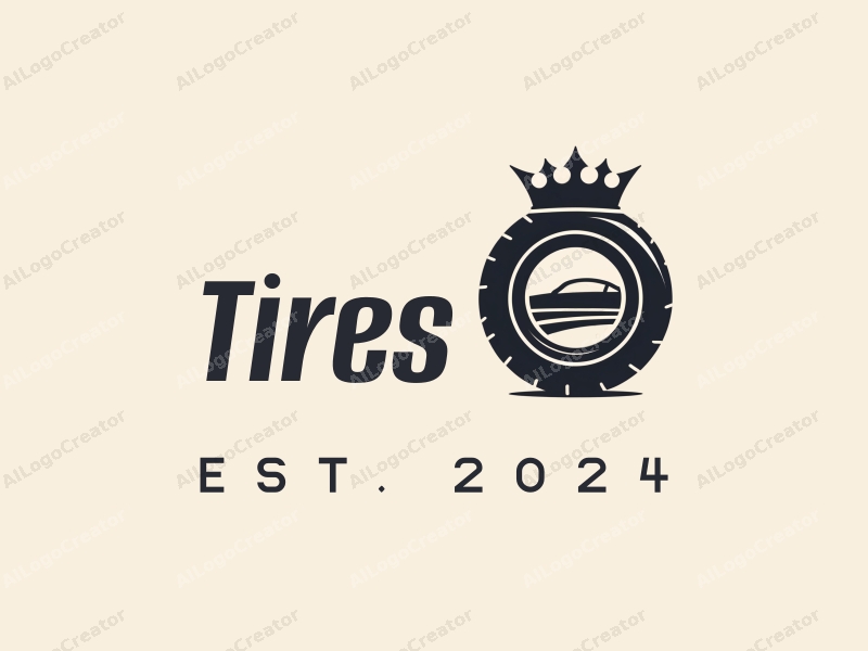 a modern design featuring a stylized tire and car silhouette integrated with a crown, emphasizing simplicity and elegance against a clean background.