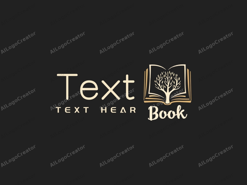 modern design features stylized text and font, an abstract book shape, and a tree silhouette combined with a clean black background.