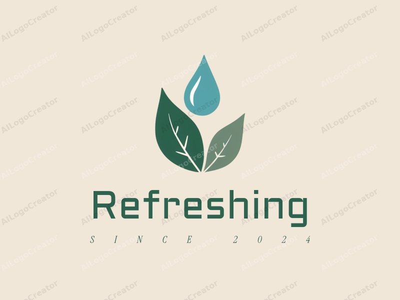 minimalist design features fresh and natural elements, incorporating stylized water droplets and leaves with a clean background.