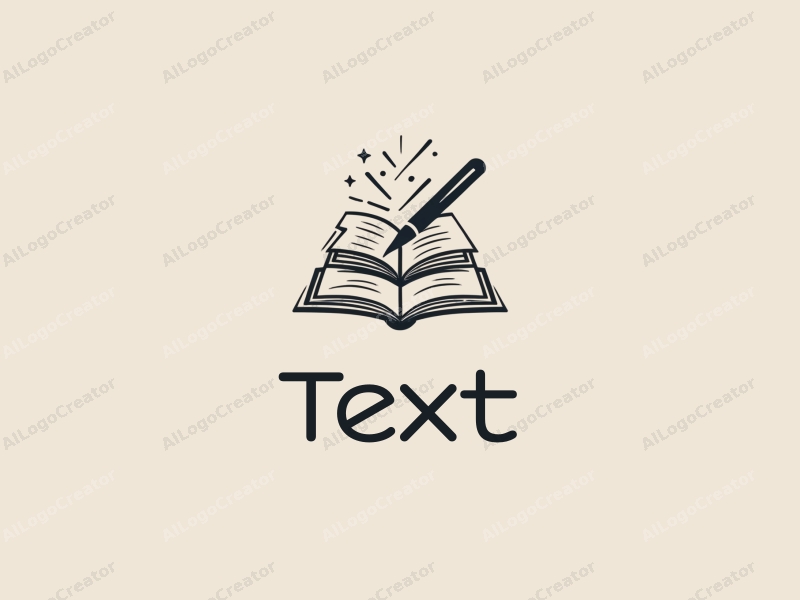 modern design features stylized text and font, an abstract representation of books and a pen, combined with a clean background.