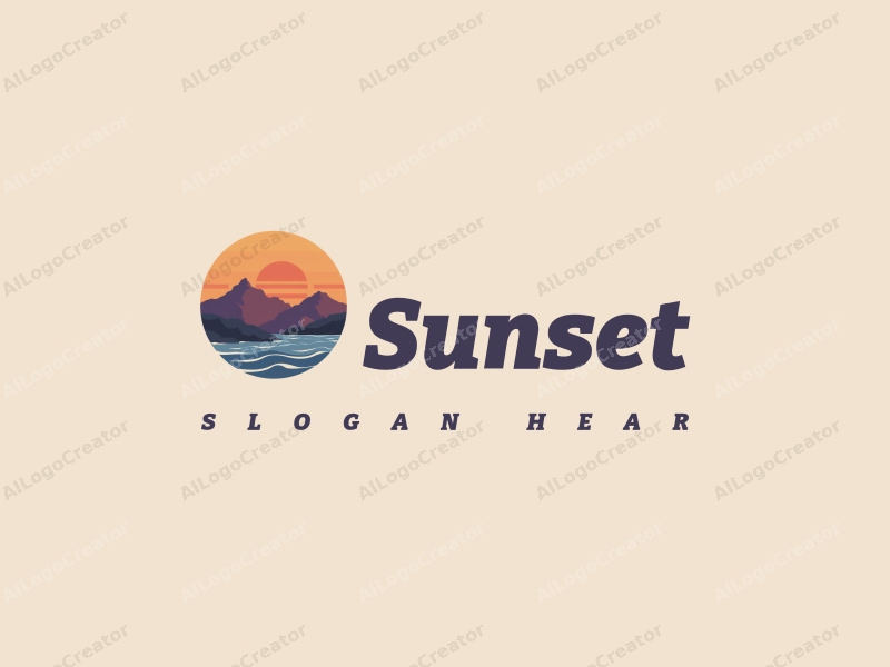 vintage design features a stylized sunset over mountains and ocean, with a harmonious blend of orange and purple colors, creating a clean and simple composition.