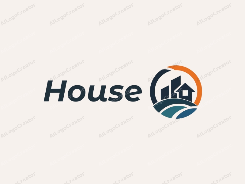 modern design features a stylized house and building within a circular shape, incorporating rotating elements, combined with a clean background.