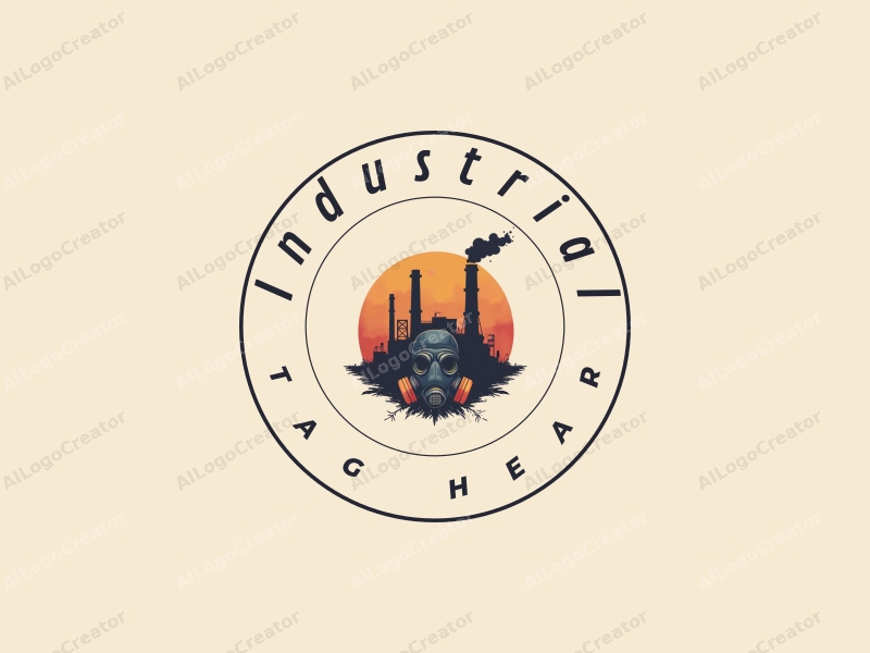 modern design features a stylized factory silhouette, abstract machinery elements, and gas mask motifs combined with a clean background.