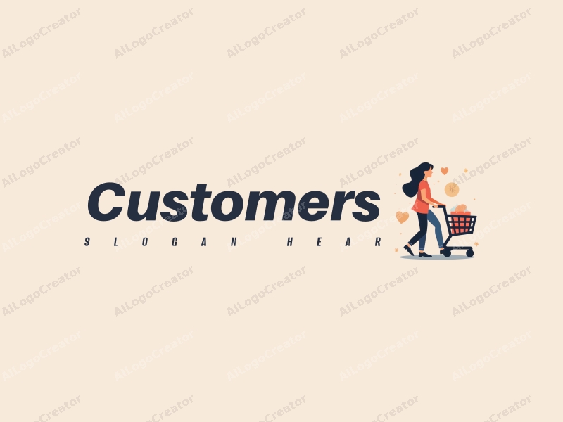 modern design features a stylized woman pushing a shopping cart, combined with a clean background and a focus on customer interaction.