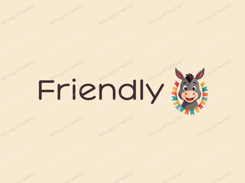 playful design features a smiling donkey surrounded by colorful ribbons, incorporating a friendly and cheerful atmosphere with a clean background.