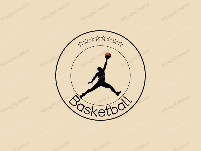 playful design features a dynamic silhouette of an athlete performing a dunk, with a stylized basketball, combined with a clean background.