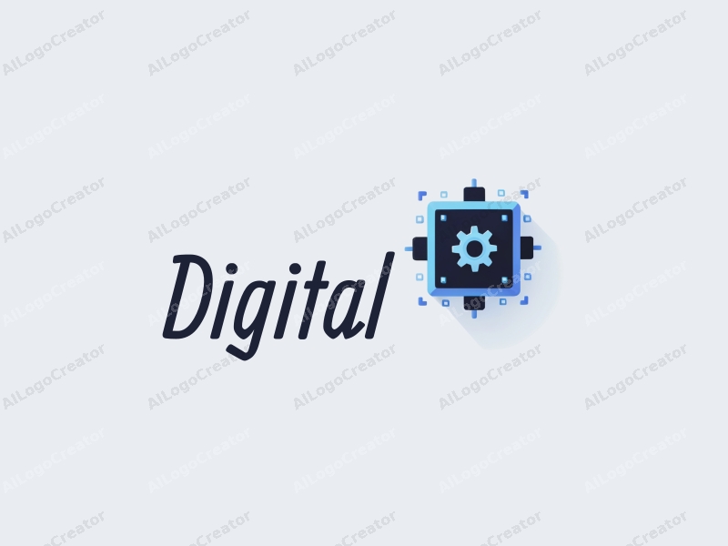 a modern minimalist design featuring digital elements like a stylized chip and gear, combined with a clean background in blue and black colors.