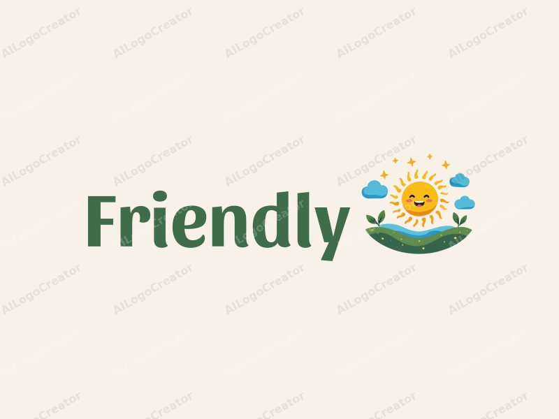 playful design features a smiling sun, friendly elements representing friendship, combined with blue and green colors on a clean background.