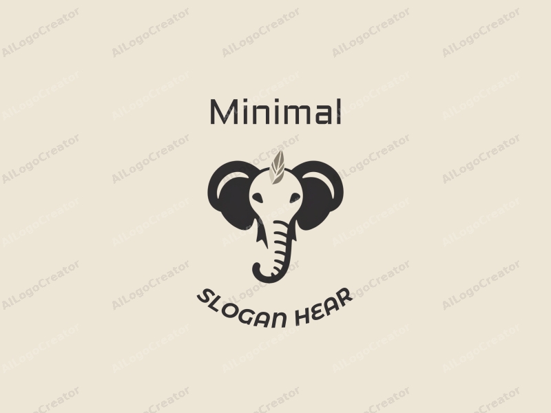 minimalist design features a stylized elephant head and a feather, combined with a clean background and a tag style approach.