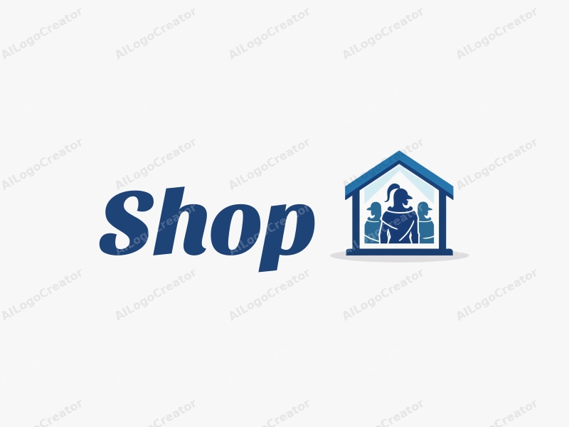 a modern design featuring a stylized shop front combined with a knight and warrior silhouette, utilizing a clean and simple composition with a blue color palette.