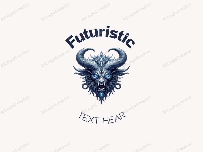 a modern design featuring a stylized demon intertwined with musical instruments, incorporating futuristic and innovative elements, set against a clean background in silver and blue tones.