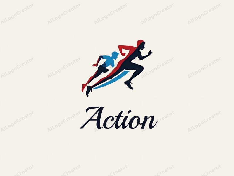 dynamic design features stylized figures in motion, representing sprinting and leaping, with a vibrant color palette of red, blue, and black, combined with a clean background.