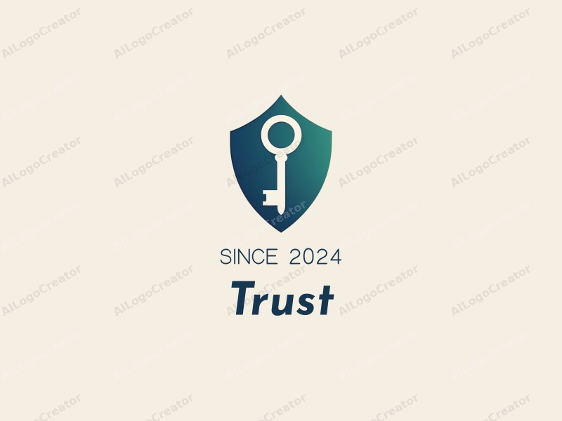 a modern minimalist design featuring a stylized key and shield, symbolizing trust and safety, combined with a clean background in blue and green tones.