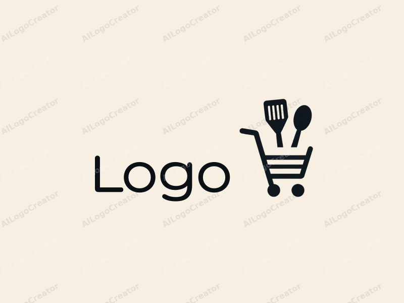 modern design features a stylized kitchen utensil and supermarket cart, combined with a clean background and a minimalist approach.