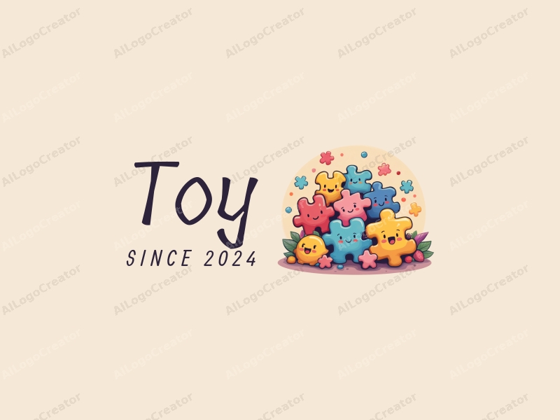 playful design features colorful plush toys and puzzle pieces, combined with a whimsical approach and a clean background.