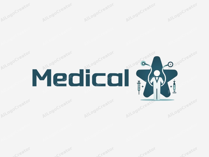 modern design features a stylized hospital silhouette, a doctor figure, a stethoscope, and a syringe, combined with a clean background.