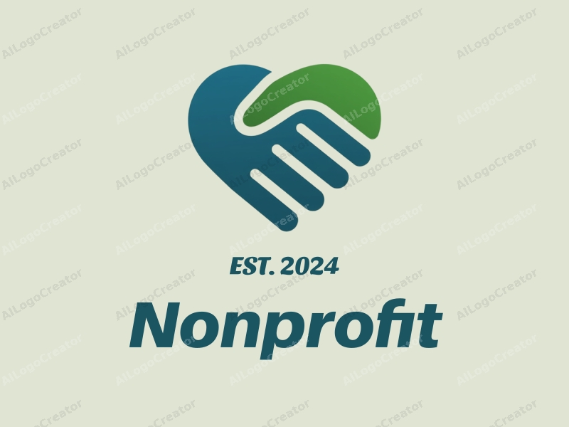 modern design features a heart shape and a handshake symbolizing charity and volunteer work, combined with a clean background in blue and green colors.