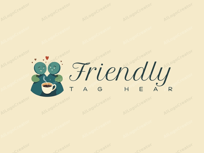 playful design features two stylized figures embracing over a coffee cup, with a harmonious blend of blue and green colors, creating a friendly and inviting atmosphere.