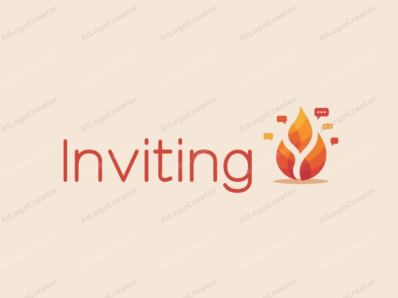 playful design features a stylized flame intertwined with speech bubbles, representing invitation and welcome, combined with warm tones and a clean background.