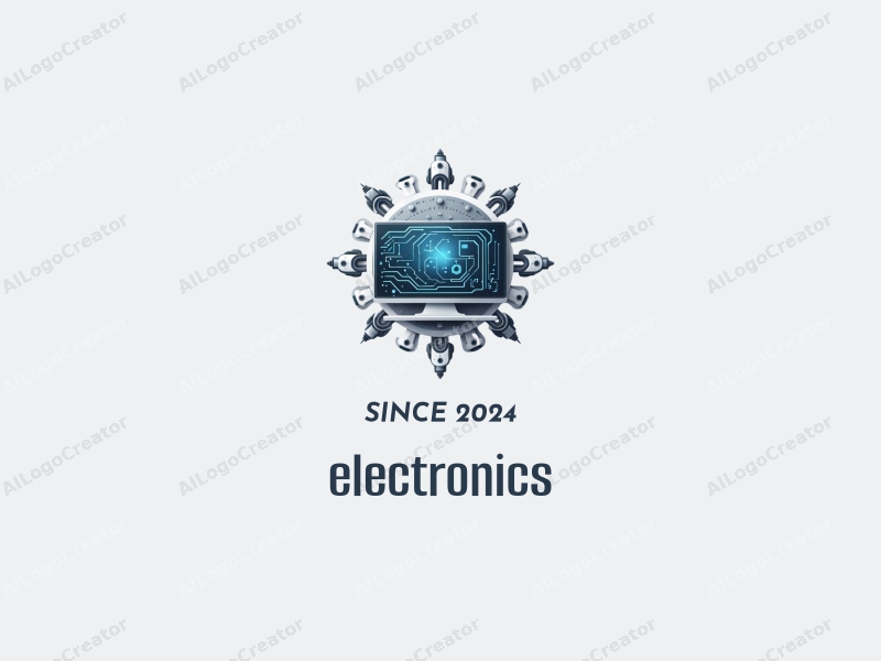 a modern design featuring sleek electronic devices and computers, integrated with robotic elements and circuit patterns, combined with a clean silver background.