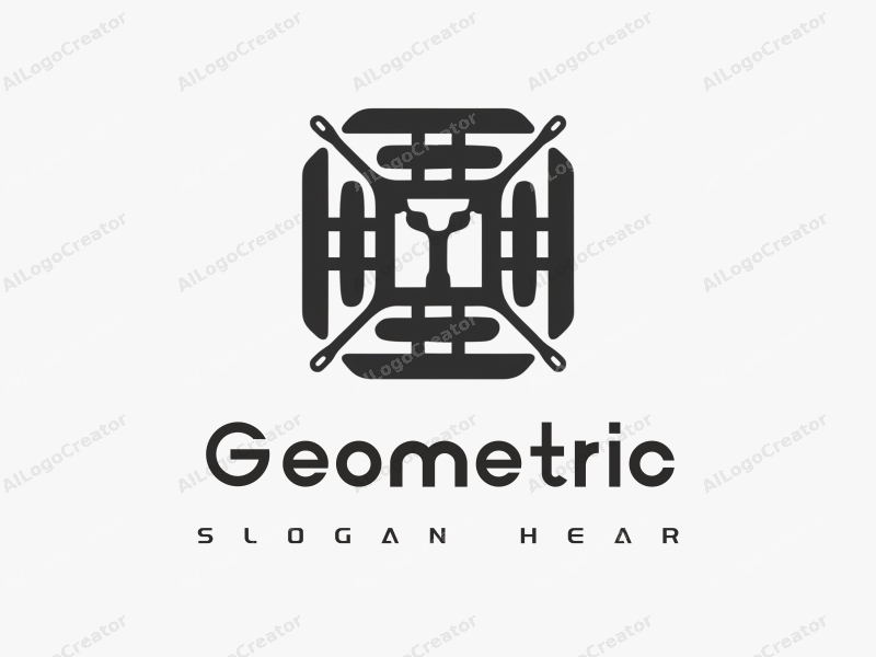 geometric design features a harmonious combination of squares and circles, incorporating a stylized structure and water droplet elements, with a clean black and white background.