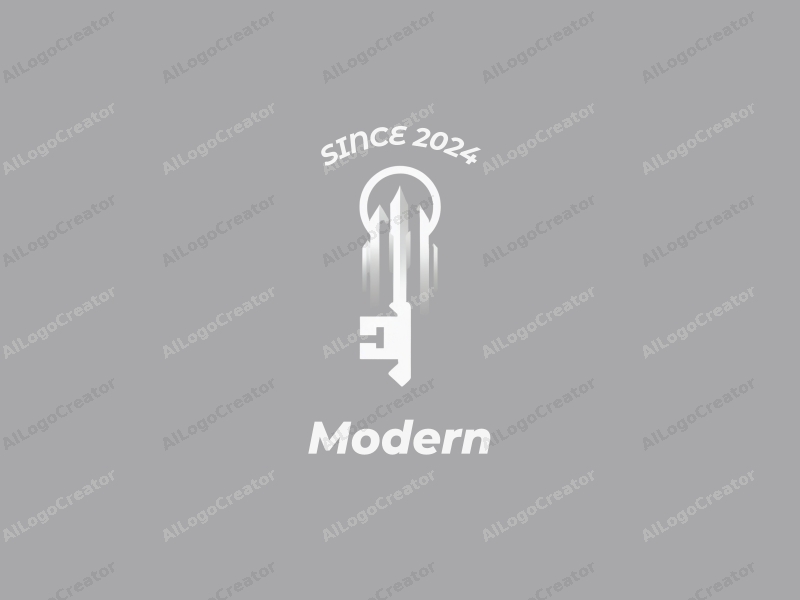 a modern minimalist design featuring a stylized key symbol intertwined with a sleek building silhouette, utilizing a clean white and gray color palette for a sophisticated and innovative look.