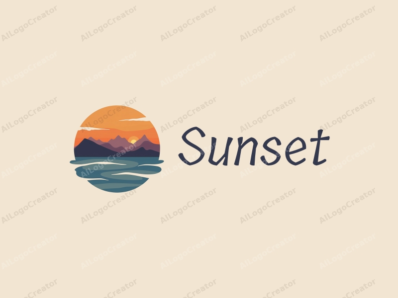 vintage design features a stylized sunset over the ocean with mountains in the background, incorporating warm orange and purple hues, combined with a clean and harmonious layout.