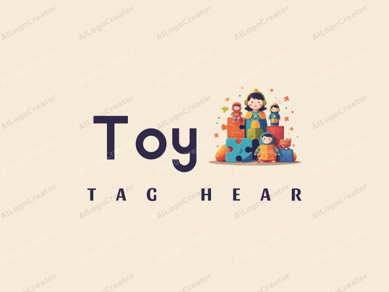 playful design features colorful dolls, stylized puzzles, a knight silhouette, and building blocks combined with a clean background.