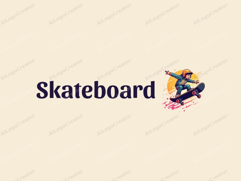 playful design features a vibrant skateboard soaring through the air, with dynamic motion lines and a whimsical background, creating a sense of fun and energy.