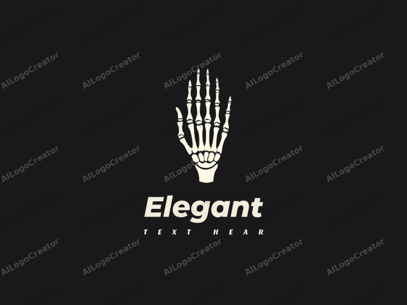 a modern design featuring elegant and refined elements, incorporating a stylized hand and skeletal motifs, combined with a clean black background.