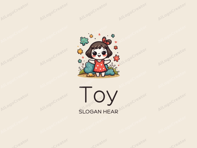 playful design features whimsical dolls, colorful puzzle pieces, and doodle-like toy elements combined with a clean background.