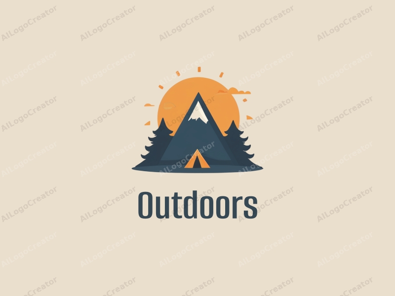 modern design features a stylized camping tent and mountain peak, combined with a clean background and a harmonious composition.