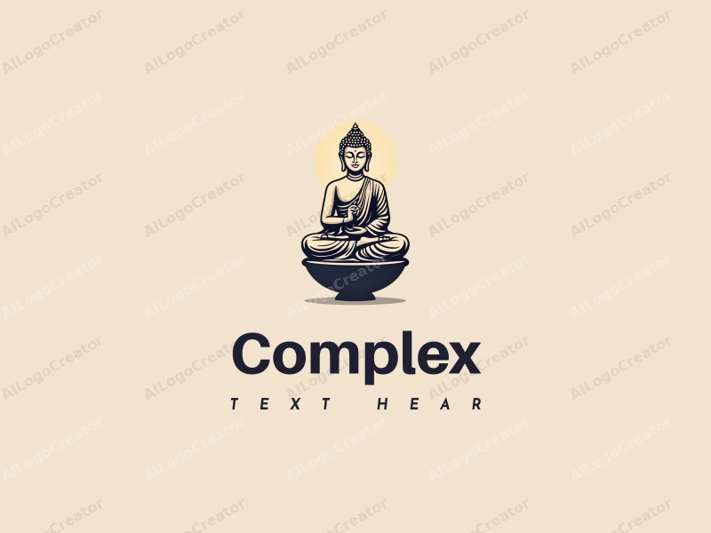 modern design features an intricate Buddha statue and a bowl, combined with a clean background and a minimalist approach.