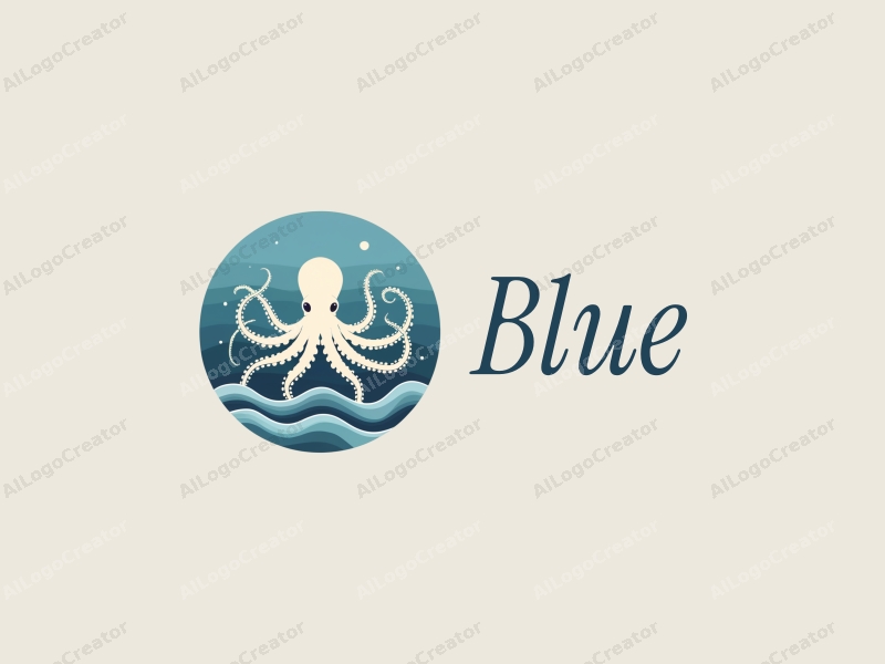 minimalist design features a stylized octopus intertwined with flowing waves, set against a serene blue ocean and sky background, emphasizing simplicity and harmony.